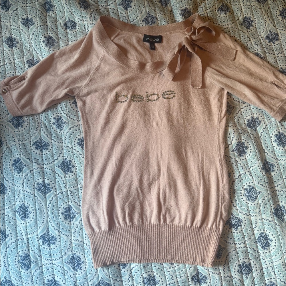 Bebe Light Pink Top with Rhinestone Logo and Bow